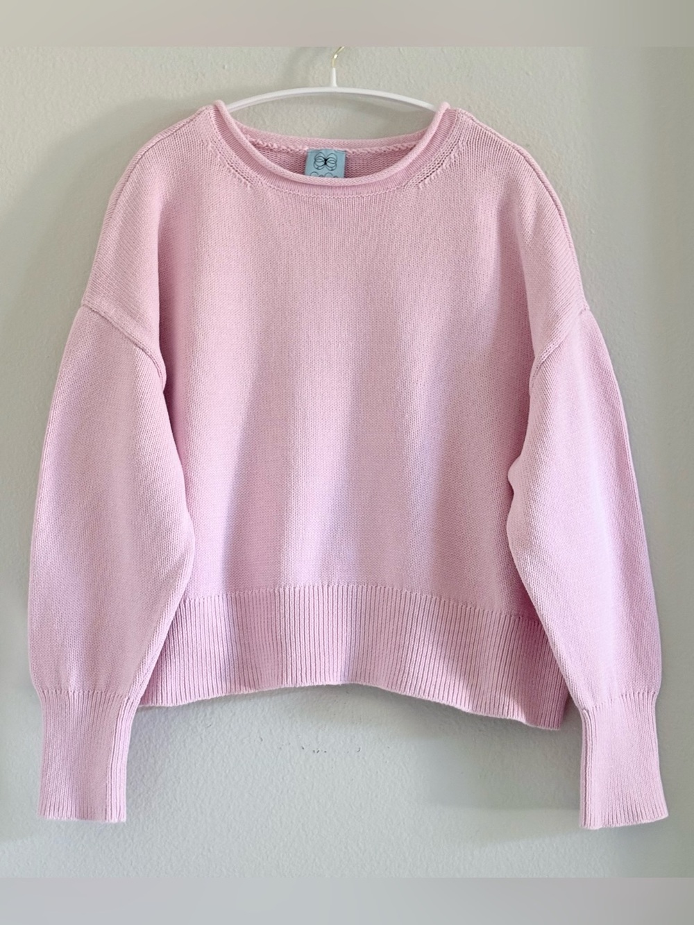 CECE Rolled Neck Cropped Sweater | 100% Cotton Chunky Knit | Baby Pink | Size XL